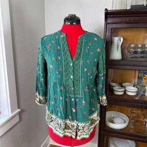 Fig and Flower Green Floral Boho Embroidered Peasant Blouse Size M